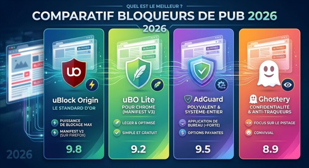 Bloqueurs de pub 2026 uBlock Origin vs uBO Lite vs AdGuard vs Ghostery