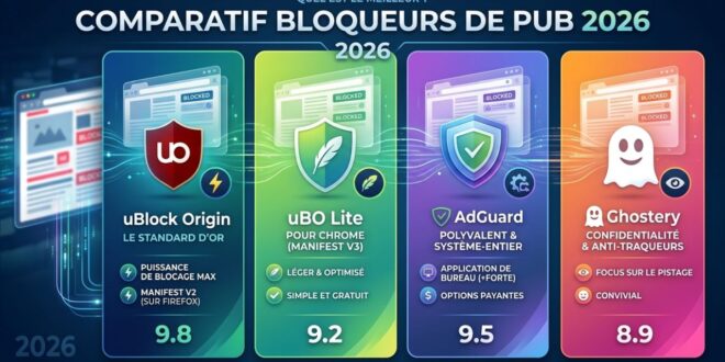 Bloqueurs de pub 2026 uBlock Origin vs uBO Lite vs AdGuard vs Ghostery