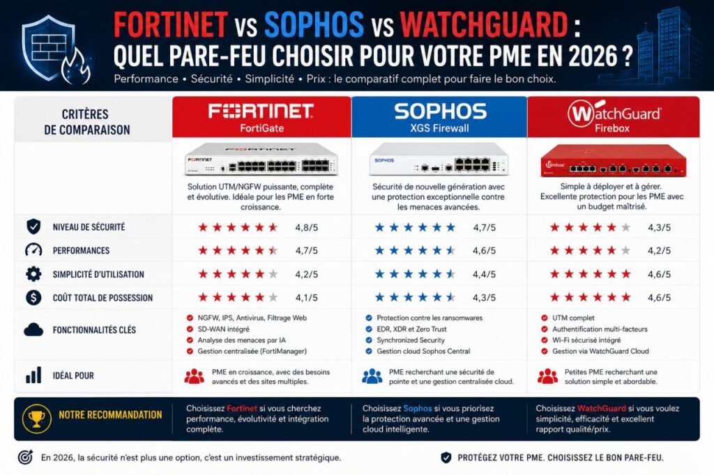 Fortinet vs Sophos vs WatchGuard quel pare-feu choisir pour votre PME en 2026