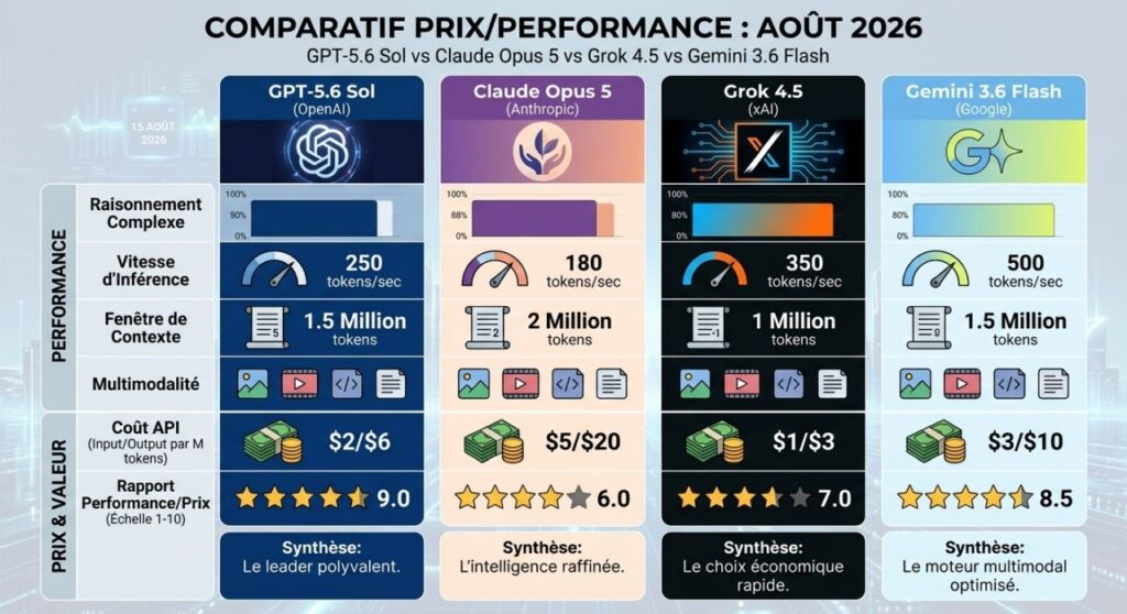 GPT-5.6 vs Claude vs Grok vs Gemini le vrai match prixperformance de Août 2026