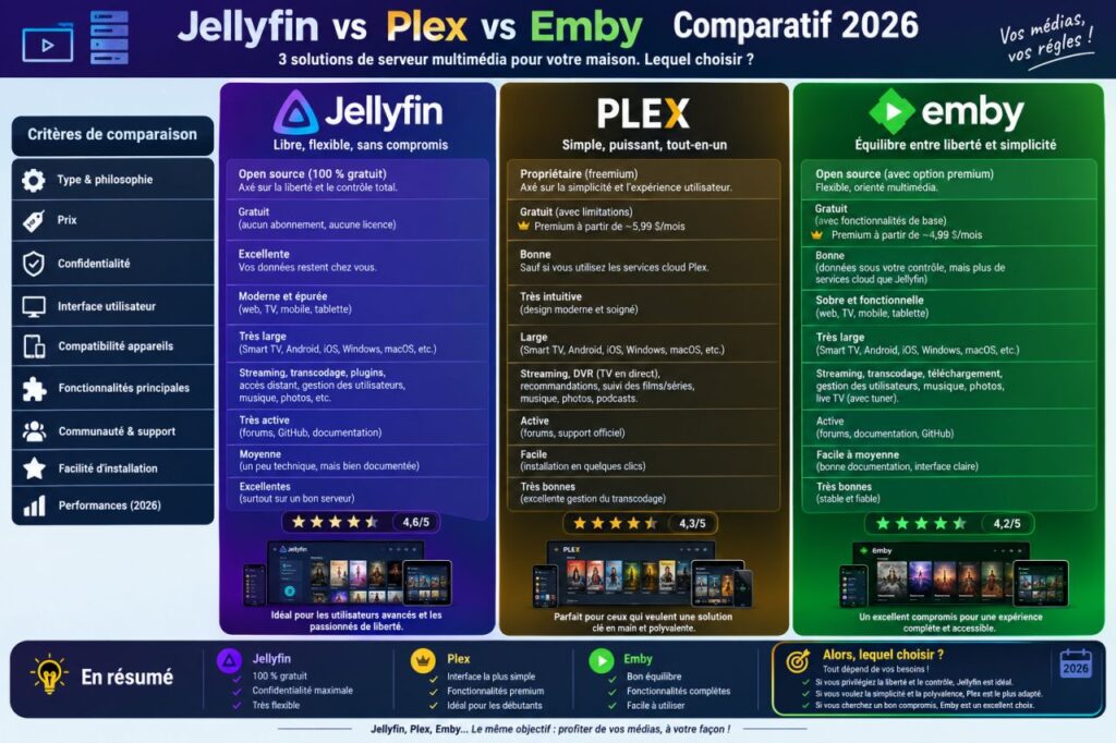 Jellyfin, Plex ou Emby en 2026 lequel choisir