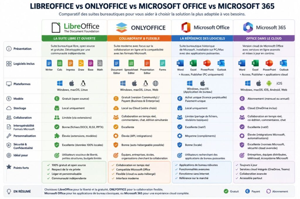 LibreOffice vs OnlyOffice vs Microsoft Office vs Microsoft 365 guide complet pour basculer gratuitement en 2026