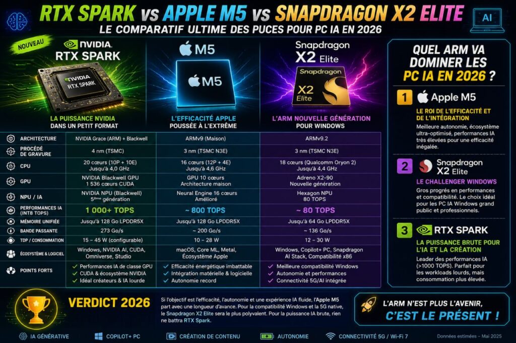 RTX Spark vs Apple M5 vs Snapdragon X2 Elite quel processeur ARM va dominer les PC IA en 2026