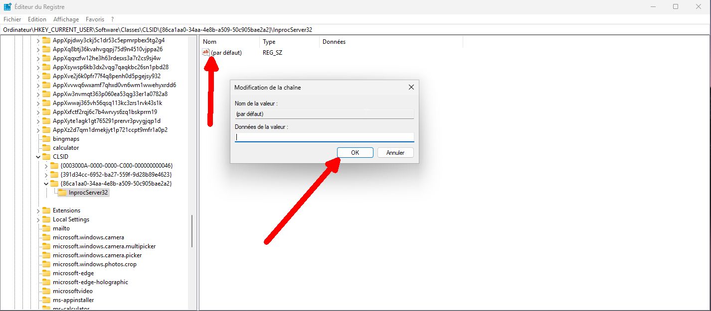 Nouvelle clé registre menu classique